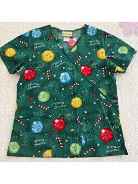 Looney Tunes Christmas Scrub Top Green Patterned Cotton Woven Unisex Size S Y2K